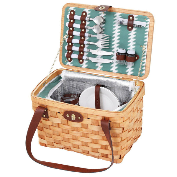 Alfresco 2 Person Picnic Basket Set Wooden Cooler Bag Plates Outdoor Insulated Picnic Baskets & Backpacks