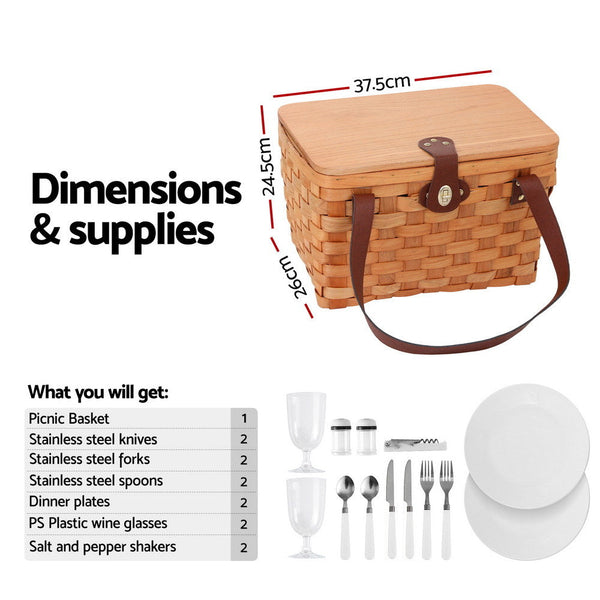 Alfresco 2 Person Picnic Basket Set Wooden Cooler Bag Plates Outdoor Insulated Picnic Baskets & Backpacks
