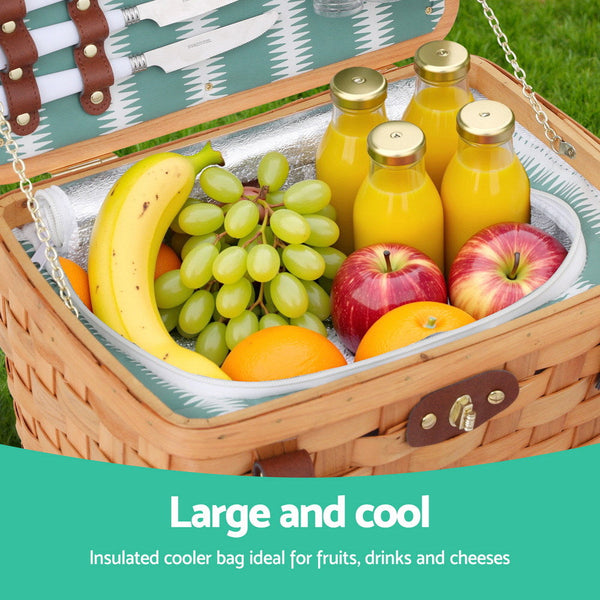 Alfresco 2 Person Picnic Basket Set Wooden Cooler Bag Plates Outdoor Insulated Picnic Baskets & Backpacks