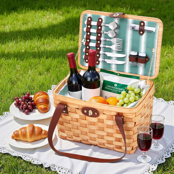 Alfresco 2 Person Picnic Basket Set Wooden Cooler Bag Plates Outdoor Insulated Picnic Baskets & Backpacks