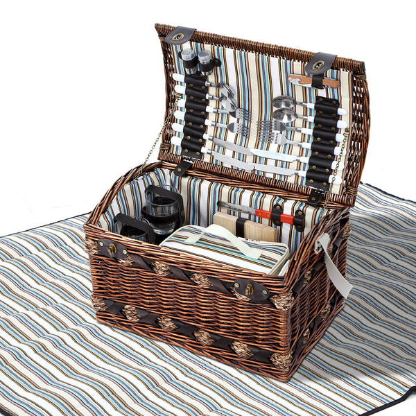 Alfresco 4 Person Picnic Basket Set Wooden Blanket Cooler Bag Outdoor Insulated Picnic Baskets & Backpacks