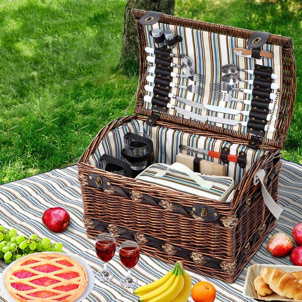 Alfresco 4 Person Picnic Basket Set Wooden Blanket Cooler Bag Outdoor Insulated Picnic Baskets & Backpacks