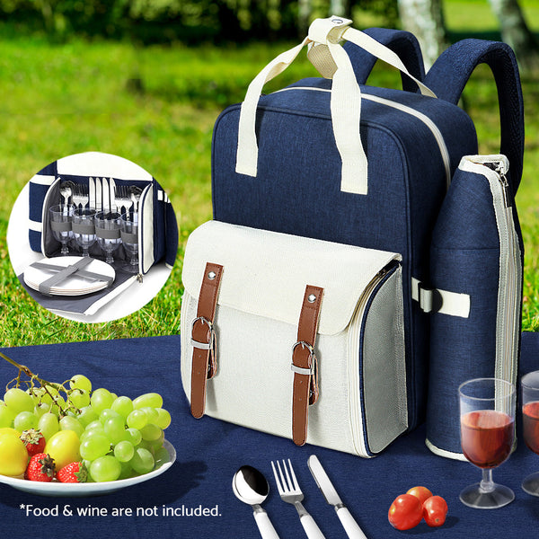 Alfresco 4 Person Picnic Basket Set Backpack Bag Insulated Blue Picnic Baskets & Backpacks