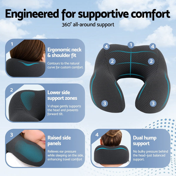 Giselle Travel Neck Pillow U Shape Support Memory Foam Plane Car Cushion Pillows
