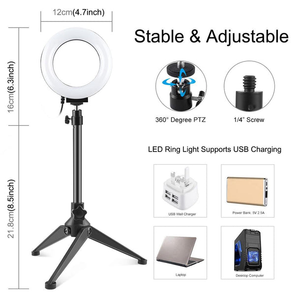Usb Dimmable Led Ring Light With Tripod Holder And Cold Shoe Ball Head 4.7 Inch Camera Drone Accessories