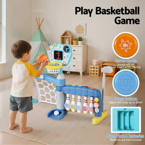Keezi 5 In 1 Kids Sports Activity Centre With Basketball Hoop Outdoor Toy Balls