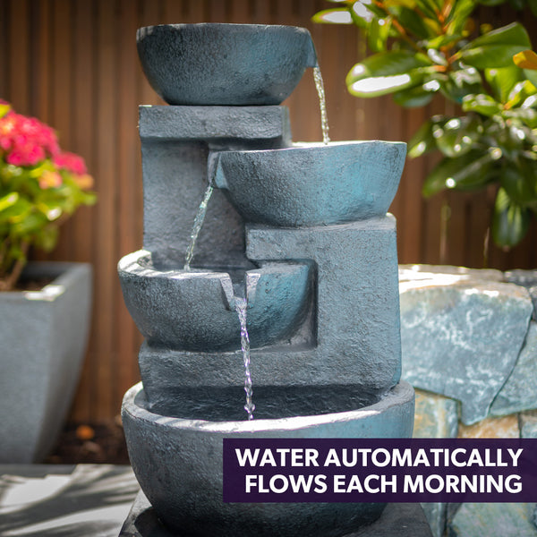 Protege Solar Fountain Water Feature Outdoor 4 Bowl With Led Lights Charcoal Outdoor Fountains