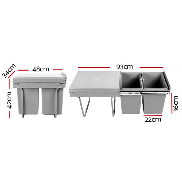 Cefito Pull Out Bin Kitchen Double Basket 2X20l Grey Rubbish Bins