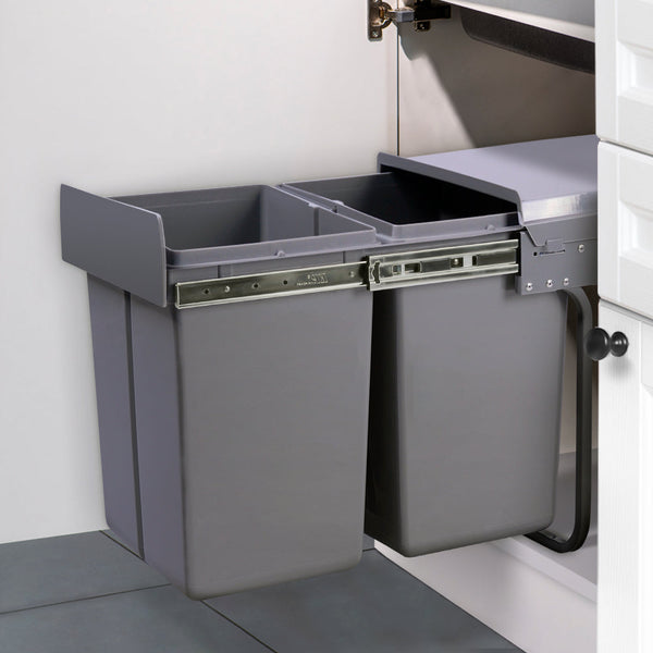 Cefito Pull Out Bin Kitchen Double Basket 2X20l Grey Rubbish Bins