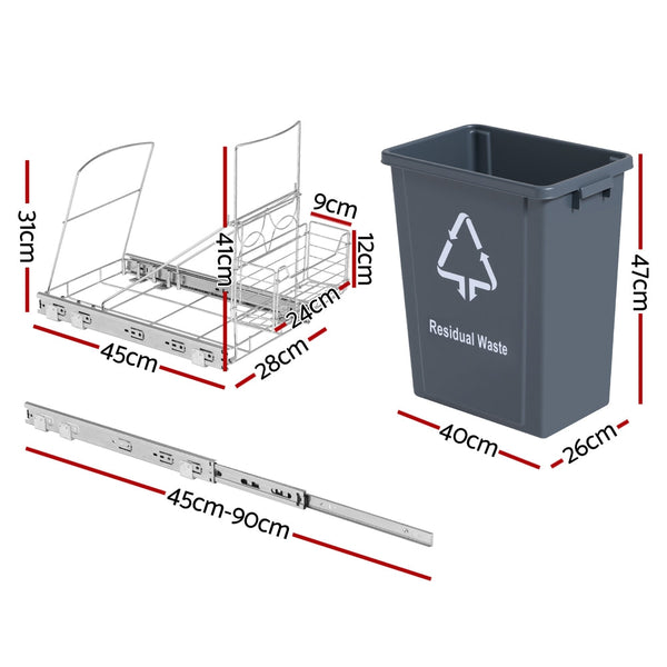 Cefito Pull Out Bin Kitchen Cabinet Slide Garbage Basket 40L Grey Rubbish Bins
