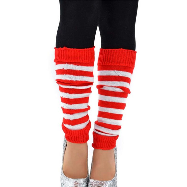 Br Costumes Pair Of Womens Disco Winter Knit Dance Party Crochet Legging Socks Red/White Stripe Leg Warmers