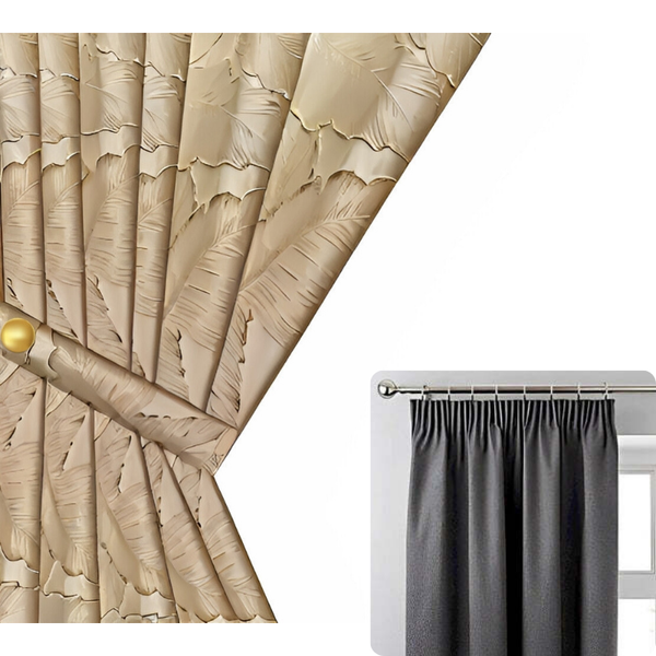 Curtain Beige 500 Centimetre X 250 3D Leaves Luxury Blackout Curtains & Drapes