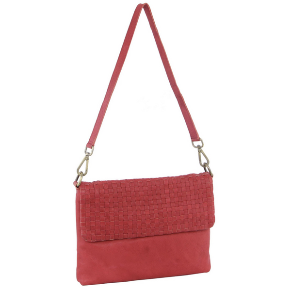 Pierre Cardin Womens Woven Leather Flap Cross Body Bag/Clutch Red Women's Bags & Handbags