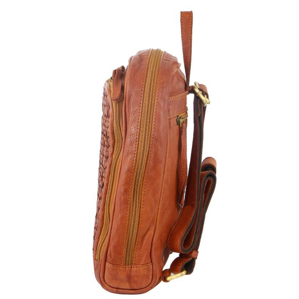 Pierre Cardin Woven Leather Ladies Backpack Bag Travel Cognac Women Backpacks