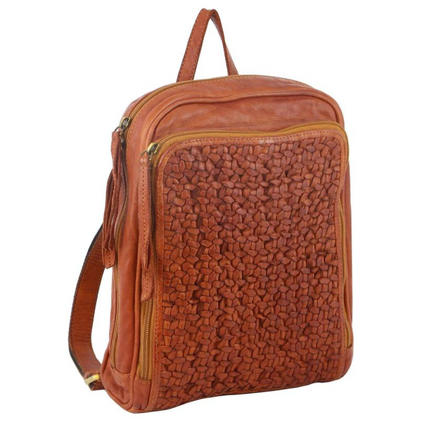Pierre Cardin Woven Leather Ladies Backpack Bag Travel Cognac Women Backpacks