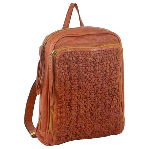 Pierre Cardin Woven Leather Ladies Backpack Bag Travel Cognac Women Backpacks