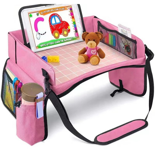 Elosung Pink Kids Travel Tray With Storage Car Seat Organizer For Toys And Snacks Car Organisers