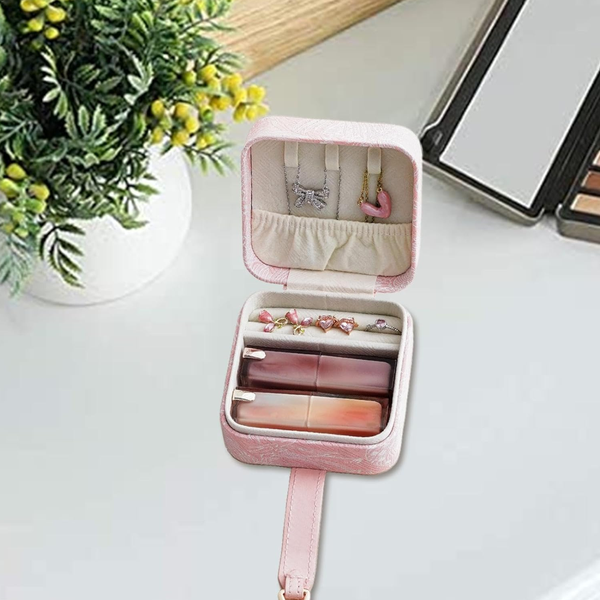 Veile Studios Elosung Pink Embossed Jewelry Box Flip Top Necklace Ring And Earring Organizer With Elegant Design(The Is Prop For Photo Shoot Not Inclu