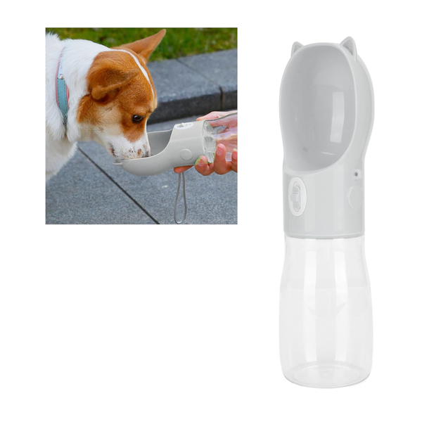 Elosung 1 Sets Of Dog Water Bottle With Bowl Dispenser 380Ml Grey Pet Travel Cup Leak Proof One Hand Operation Dog Bowls