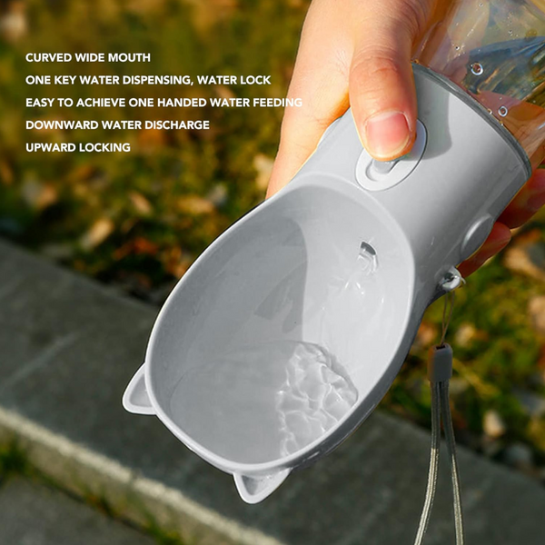 Elosung 1 Sets Of Dog Water Bottle With Bowl Dispenser 380Ml Grey Pet Travel Cup Leak Proof One Hand Operation Dog Bowls
