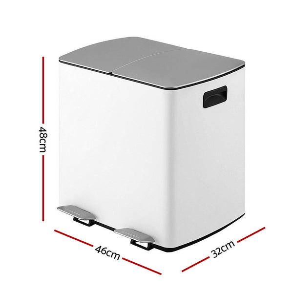 Cefito Pedal Bins Rubbish Bin Dual Compartment Waste Recycle Dustbins 40L White Rubbish Bins
