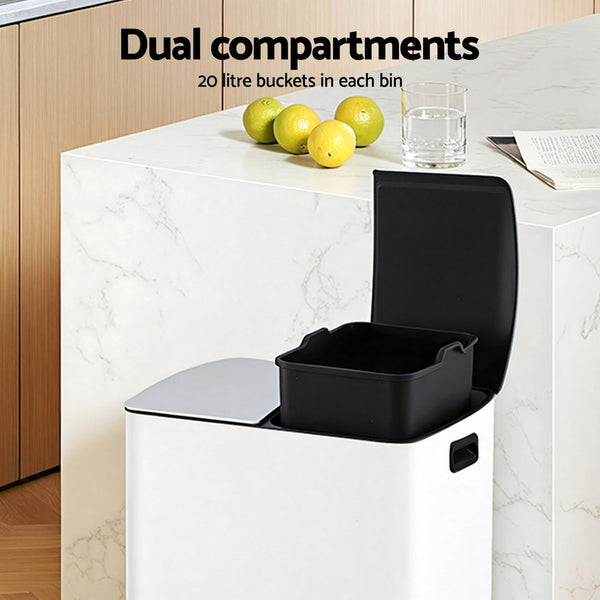 Cefito Pedal Bins Rubbish Bin Dual Compartment Waste Recycle Dustbins 40L White Rubbish Bins