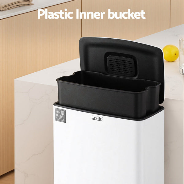 Cefito Pedal Bins Rubbish Waste Recycle Dustbins Kitchen Trash Can 40L White Rubbish Bins
