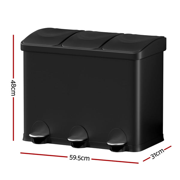 Cefito Pedal Bins Rubbish Bin Triple Compartments Waste Recycle Dustbins 45L Rubbish Bins