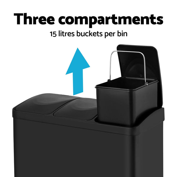Cefito Pedal Bins Rubbish Bin Triple Compartments Waste Recycle Dustbins 45L Rubbish Bins