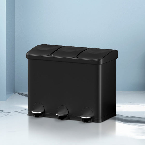 Cefito Pedal Bins Rubbish Bin Triple Compartments Waste Recycle Dustbins 45L Rubbish Bins