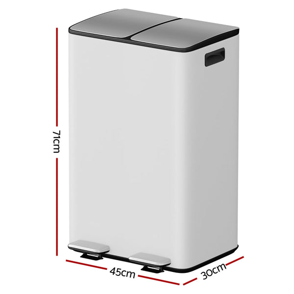 Carbon Steel Pedal Bin Dual Compartment Waste Recycling Dustbin 60 L White Rubbish Bins