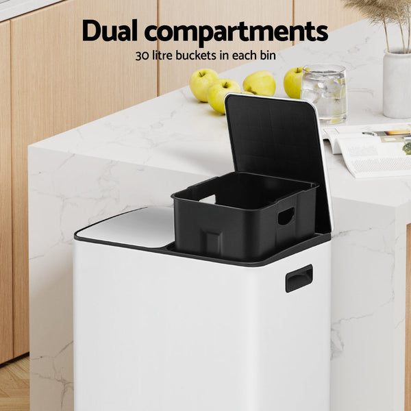 Carbon Steel Pedal Bin Dual Compartment Waste Recycling Dustbin 60 L White Rubbish Bins