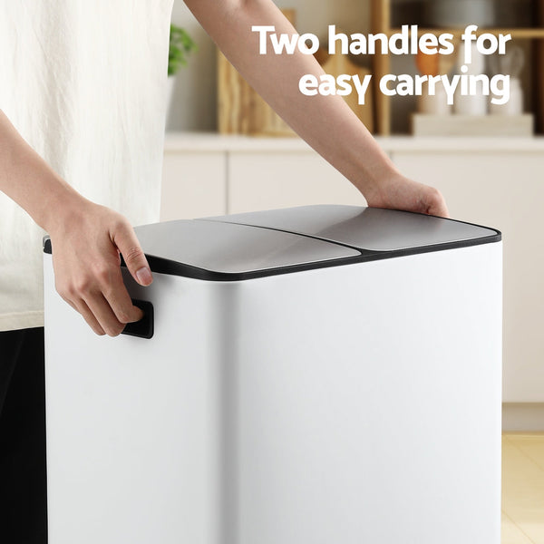 Carbon Steel Pedal Bin Dual Compartment Waste Recycling Dustbin 60 L White Rubbish Bins