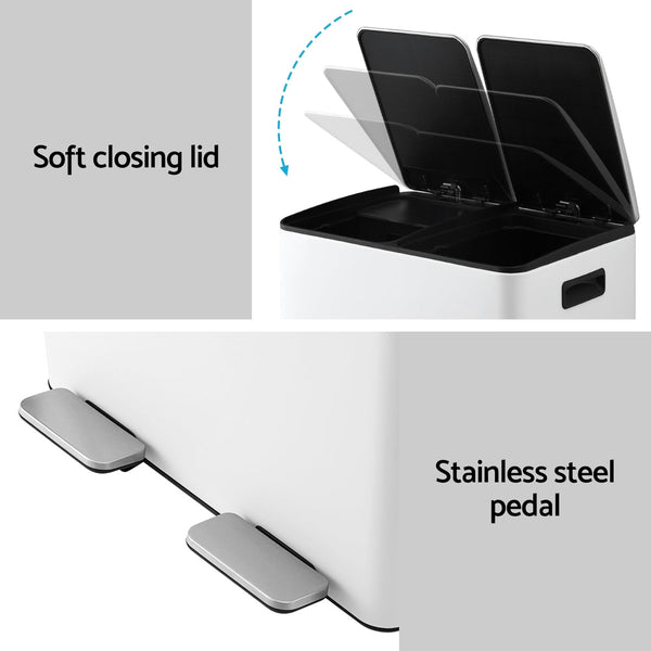 Carbon Steel Pedal Bin Dual Compartment Waste Recycling Dustbin 60 L White Rubbish Bins