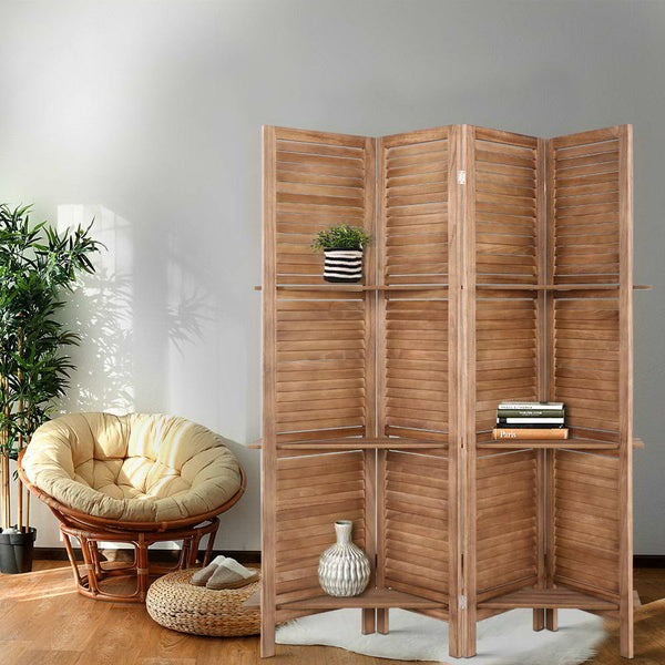 Artiss 4 Panel Room Divider Screen 163X170cm Shelf Oak Screens & Room Dividers