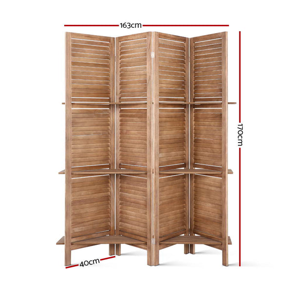 Artiss 4 Panel Room Divider Screen 163X170cm Shelf Oak Screens & Room Dividers