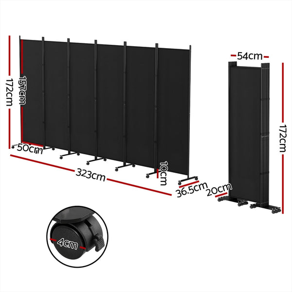 Artiss 6 Panel Room Divider Screen 323Cm Wheel Fabric Black Screens & Room Dividers