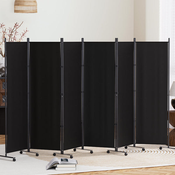 Artiss 6 Panel Room Divider Screen 323Cm Wheel Fabric Black Screens & Room Dividers