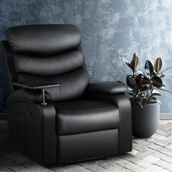Artiss Recliner Chair Leather Black With Tray Table Furniture For Home And Garden Sofas Armchairs & Couches