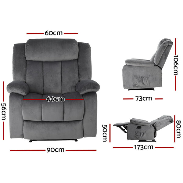 Sofas Armchairs & Couches Artiss Recliner Chair Electric Massage Velvet Lounge Sofa Heated Grey