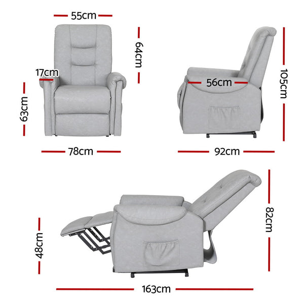 Artiss Recliner Chair Lift Assist Grey Leather Sofas Armchairs & Couches
