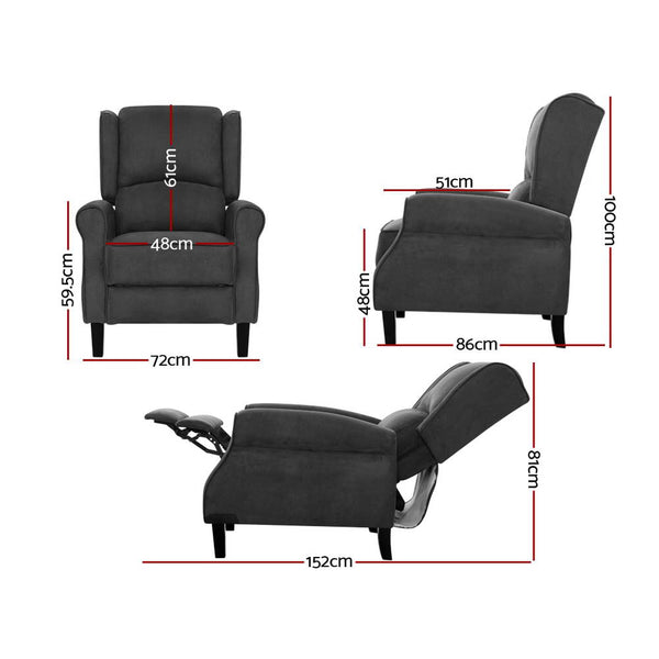 Artiss Recliner Chair Adjustable Sofa Lounge Soft Suede Armchair Couch Charcoal Office Chairs