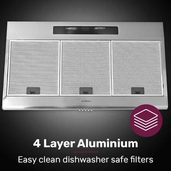 Eurochef 90Cm Fixed Stainless Steel Rangehood Quiet 3 Speed 4 Layer Dishwashable Filters Halogen Lights Efr90s Rangehoods