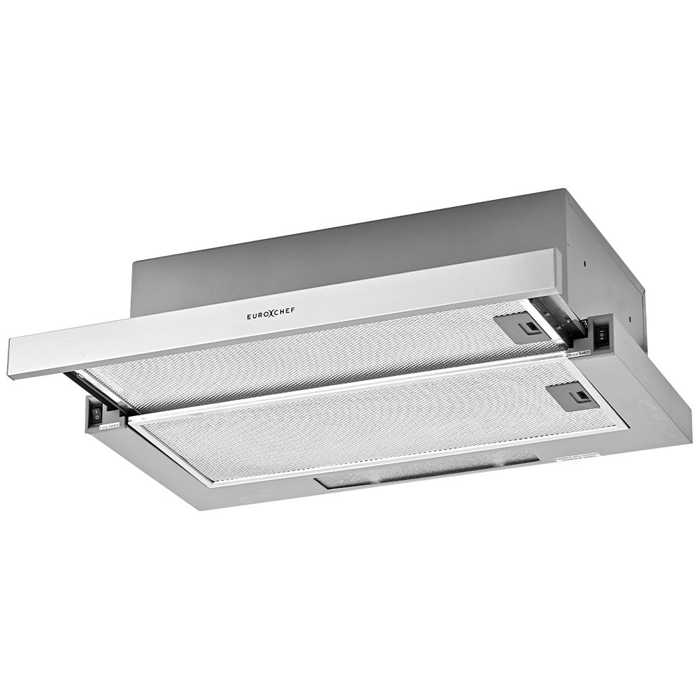 Eurochef Chef 60Cm Slideout Stainless Steel Rangehood Quiet 2 Speed 3 Layer Dishwashable Filters Halogen Lights Esr60s Rangehoods