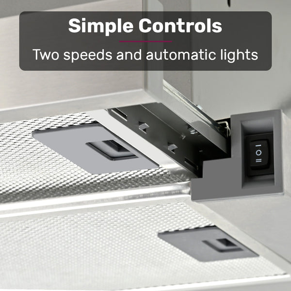 Eurochef Chef 60Cm Slideout Stainless Steel Rangehood Quiet 2 Speed 3 Layer Dishwashable Filters Halogen Lights Esr60s Rangehoods