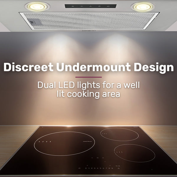 Eurochef 60Cm Undermount Rangehood Silver Quiet 3 Speed Layer Dishwashable Filter Led Lights Eur60n Rangehoods