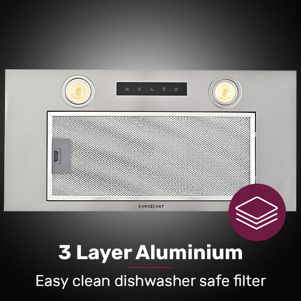 Eurochef 60Cm Undermount Rangehood Silver Quiet 3 Speed Layer Dishwashable Filter Led Lights Eur60n Rangehoods