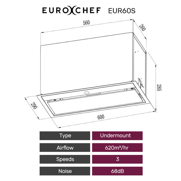 Eurochef 60Cm Undermount Rangehood Stainless Steel Quiet 3 Speed Layer Dishwashable Filter Led Lights Eur60s Rangehoods