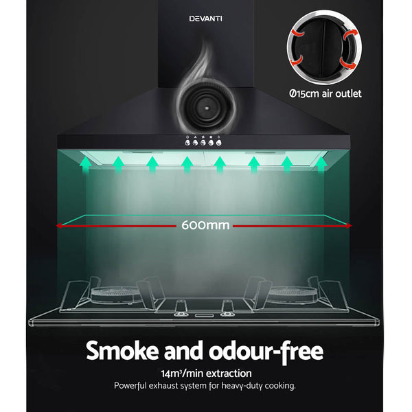 Devanti 600Mm Range Hood 60Cm Rangehood Black Rangehoods
