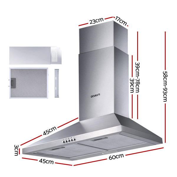 Devanti 600Mm Range Hood 60Cm Rangehood Black Rangehoods